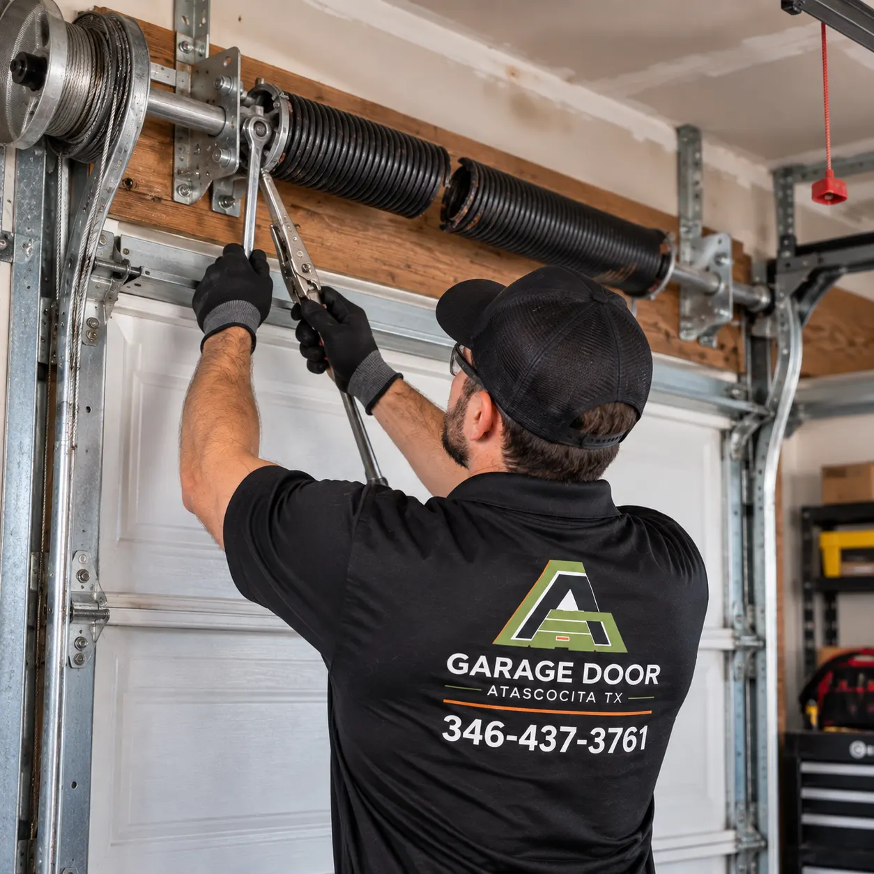 Technician working on a torsion spring assembly