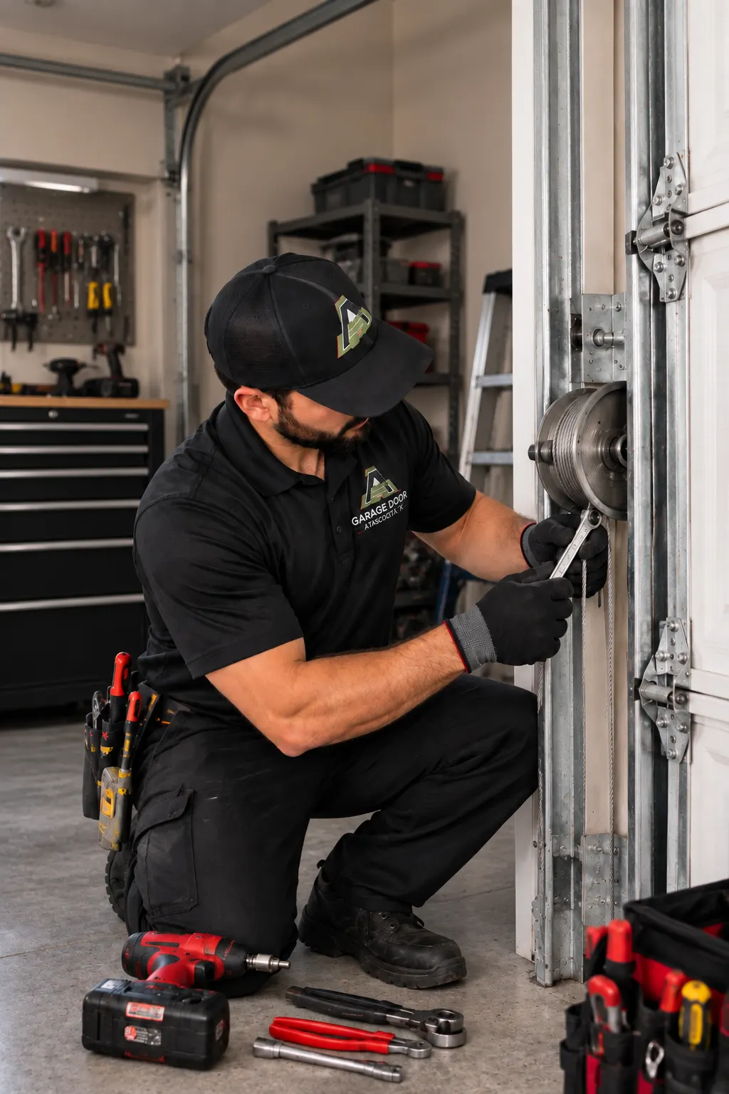 Technician servicing garage door cable and pulley hardware
