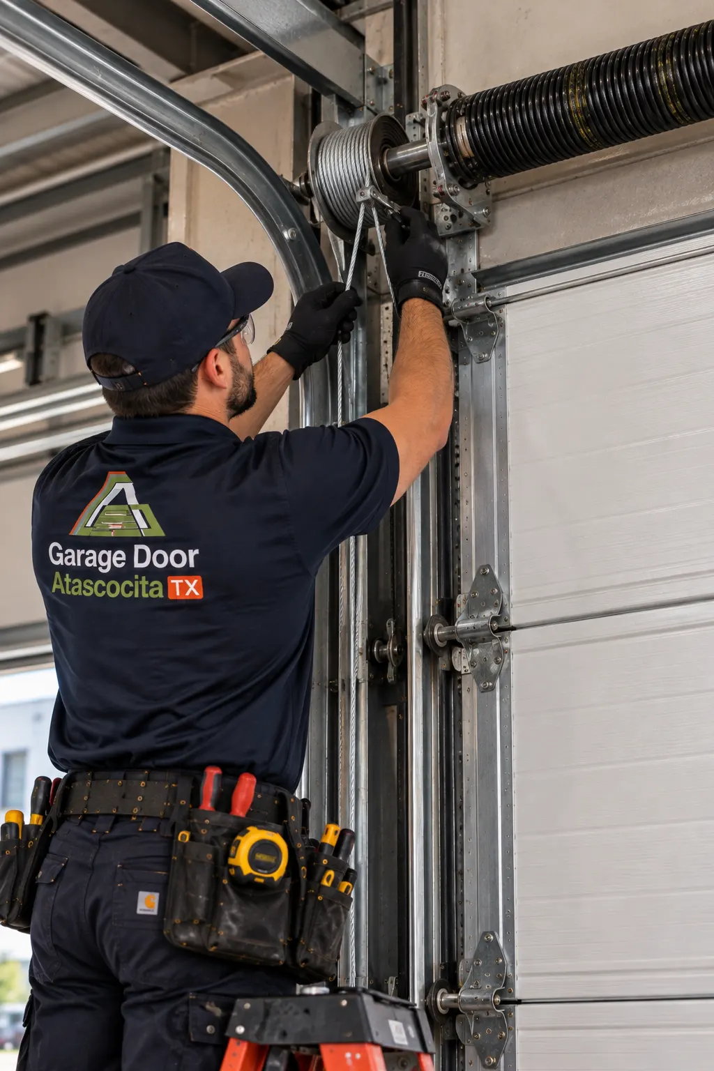Technician servicing a garage door cable drum
