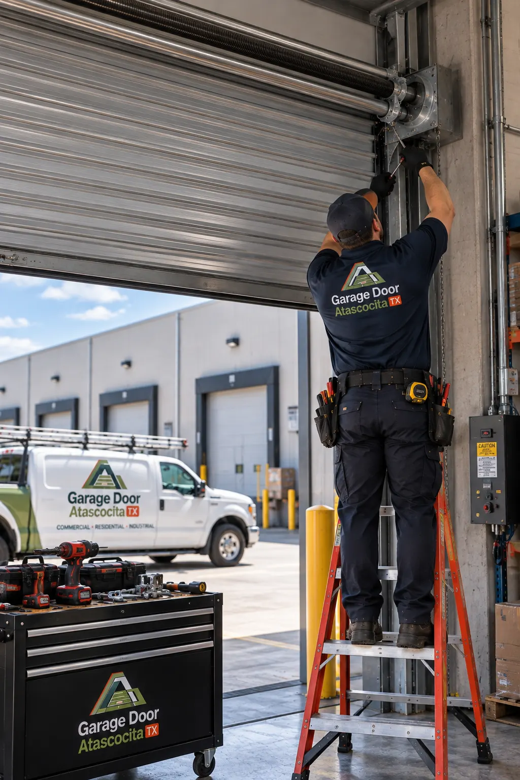 Technician servicing a commercial roll-up door