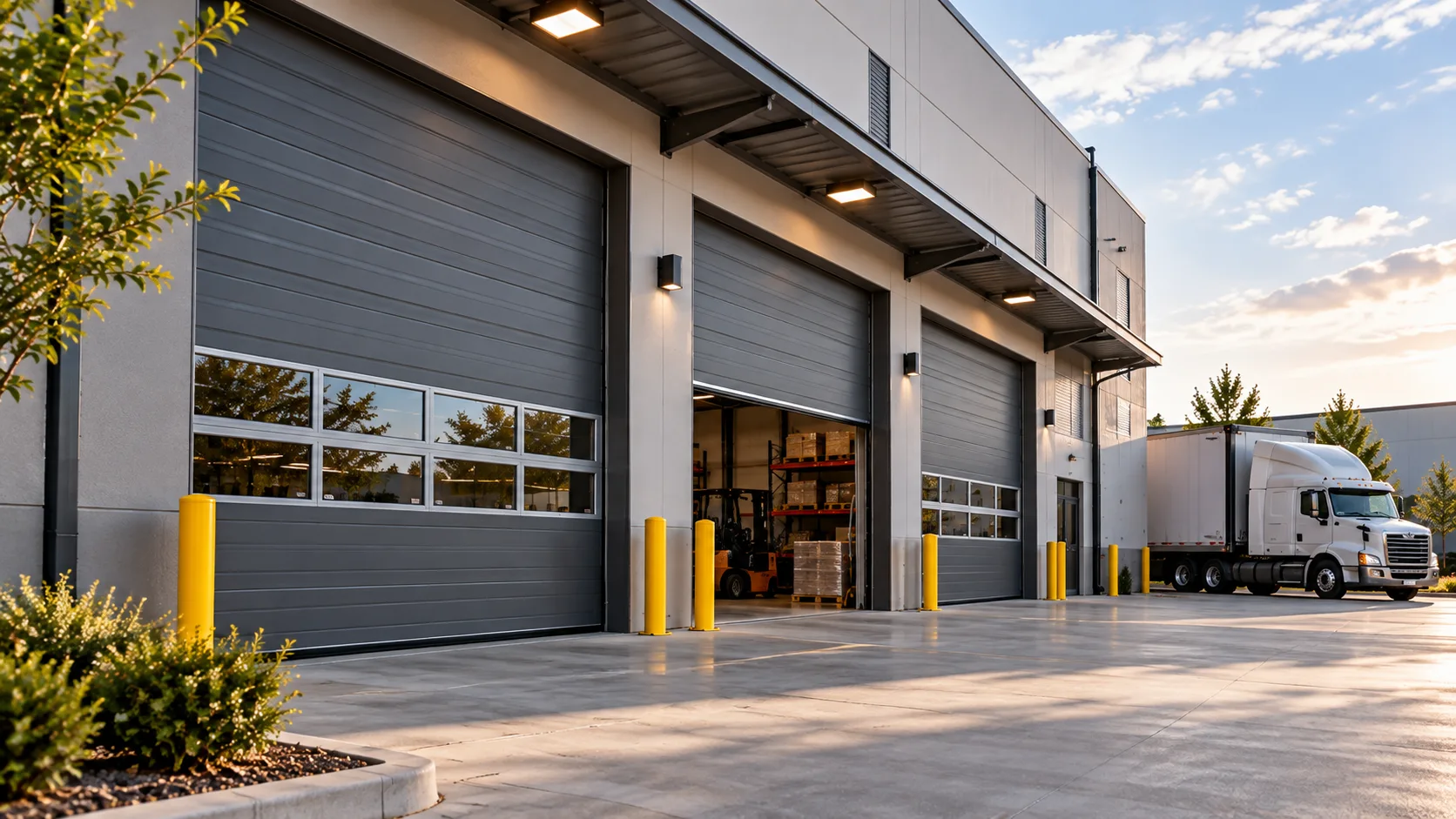 Commercial garage bays with sectional doors