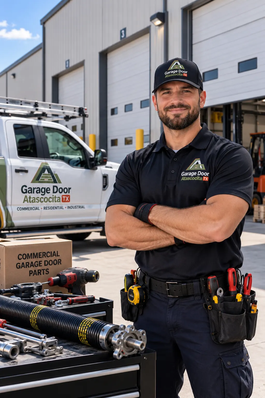 Commercial garage door technician with tools