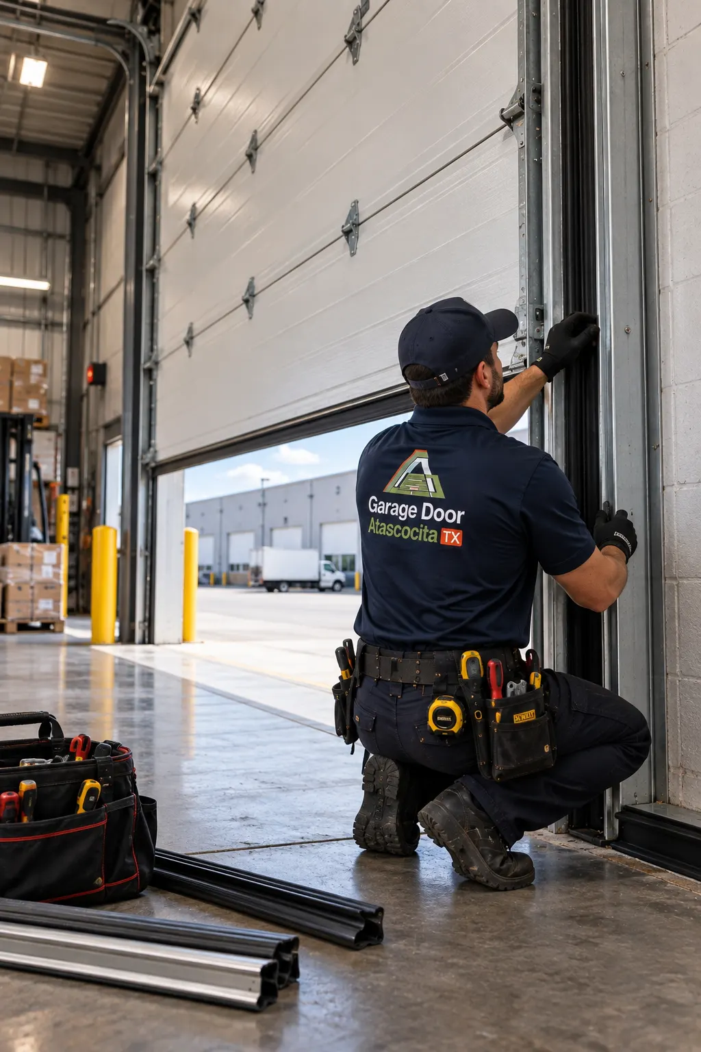 Technician fitting a commercial door perimeter seal