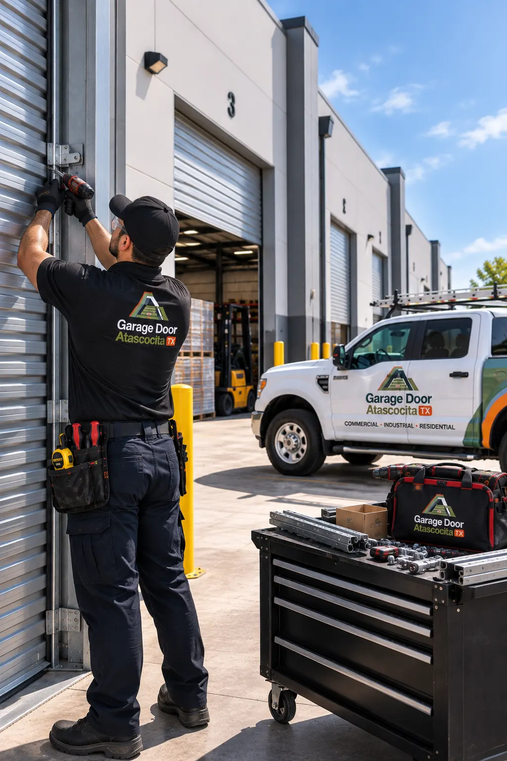Technician repairing a commercial roll-up door