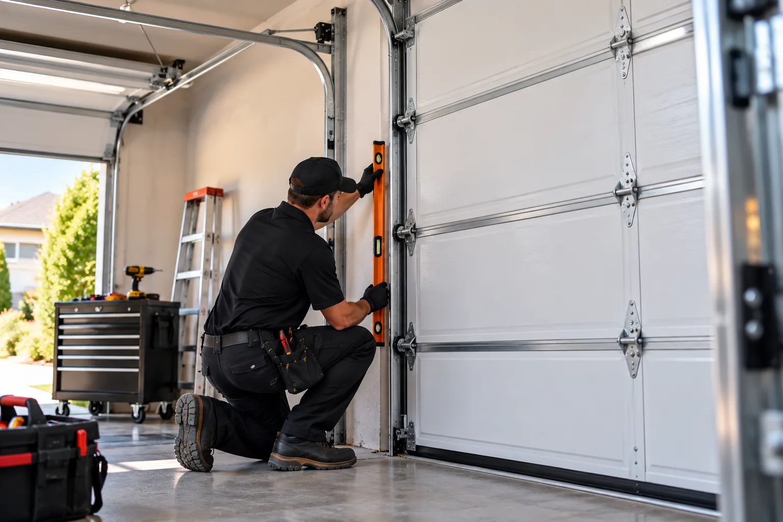 Technician checking garage door alignment with a level