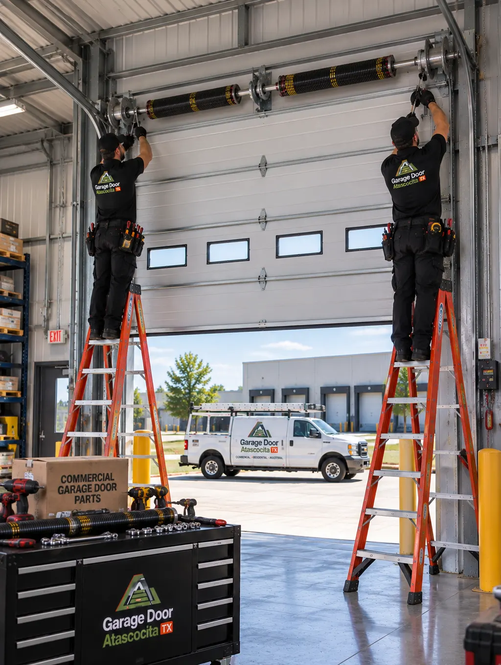 Technicians installing a dual torsion spring system