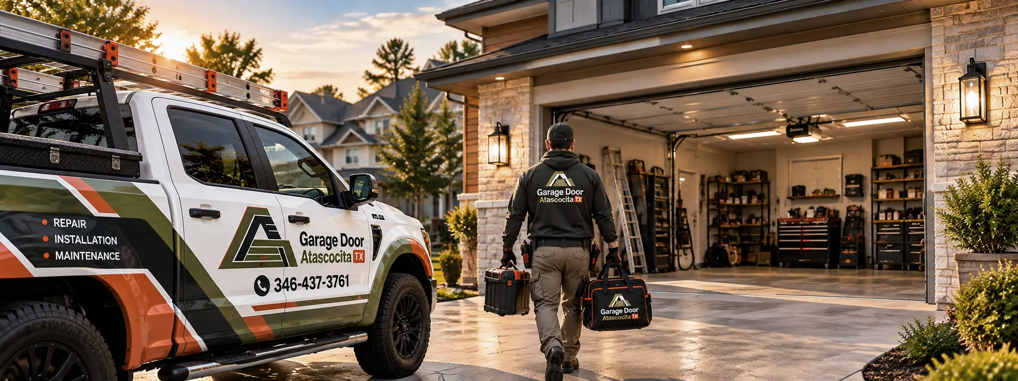 Technician approaching an open garage with tools