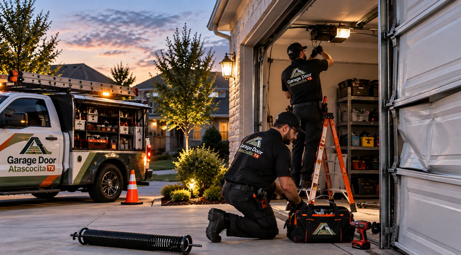 Technicians repairing a garage door at dusk