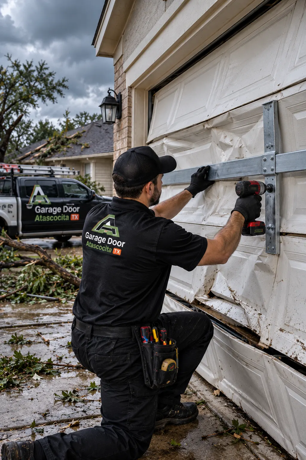 Technician repairing a dented garage door panel