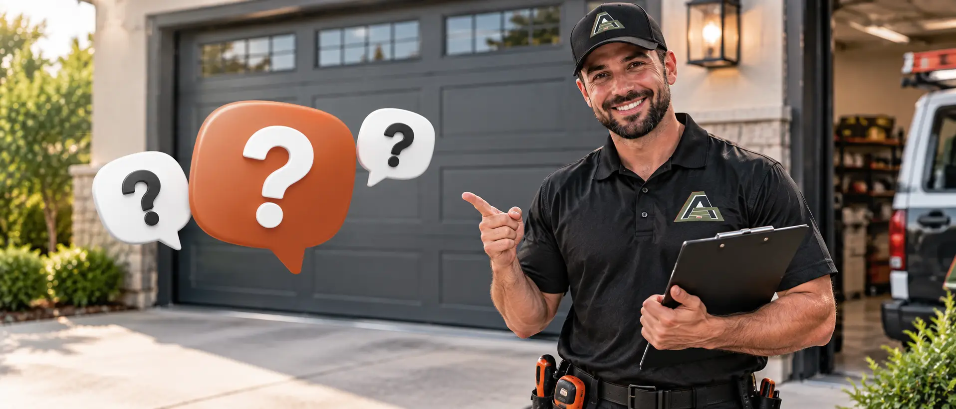 Garage door technician beside question symbols