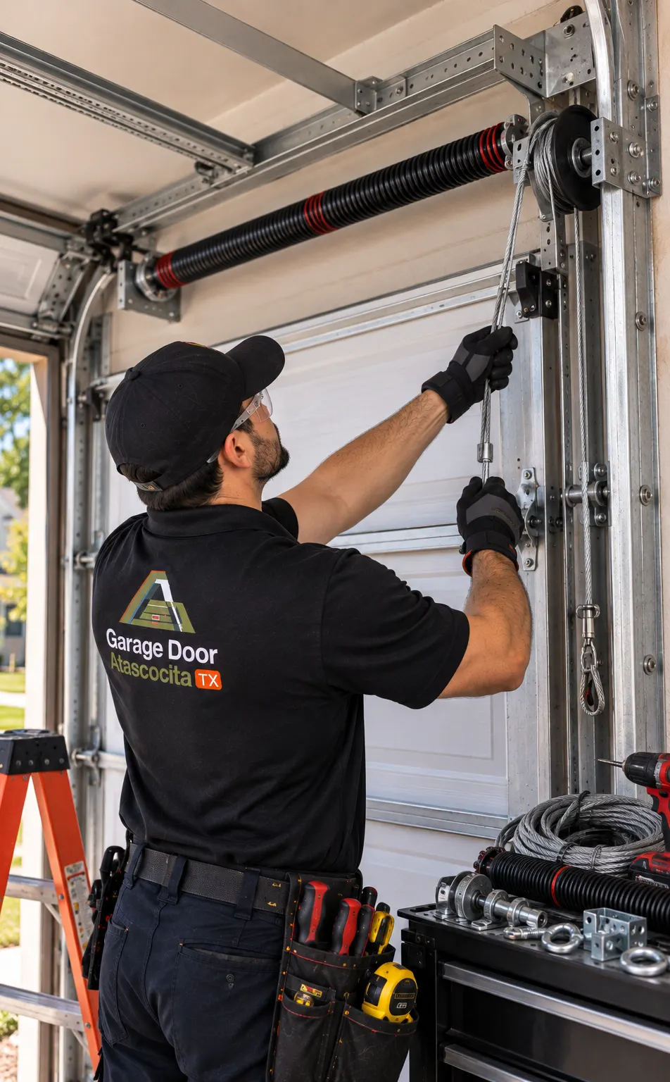 Technician checking overhead spring and cable hardware