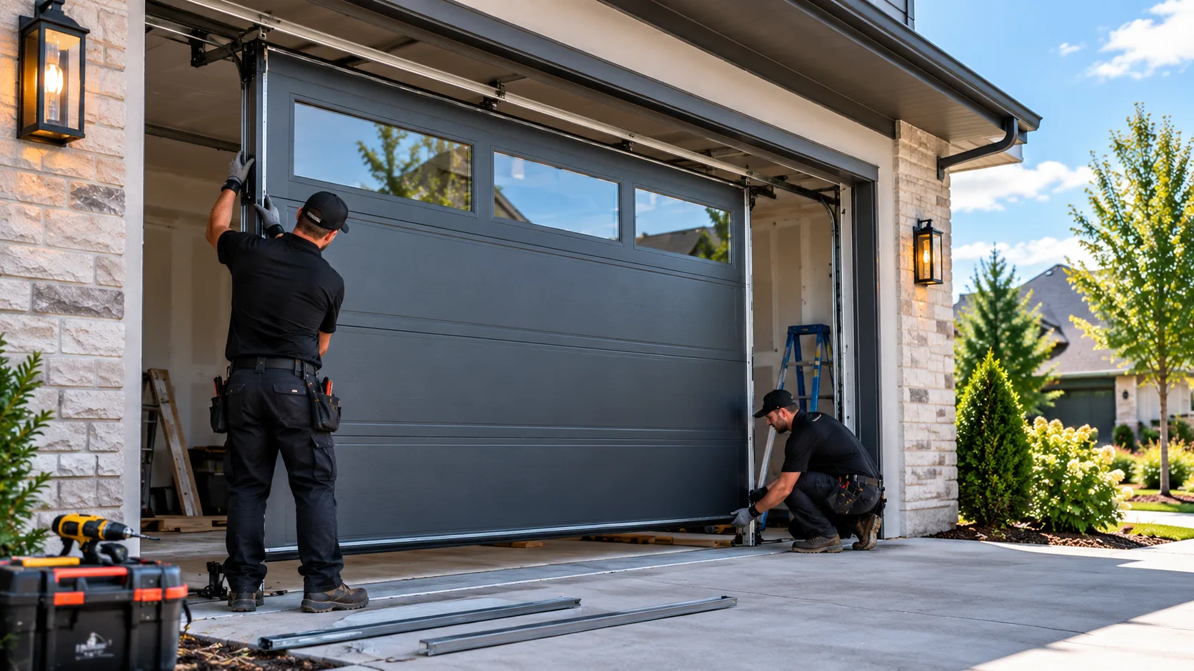 Technicians installing a gray sectional garage door