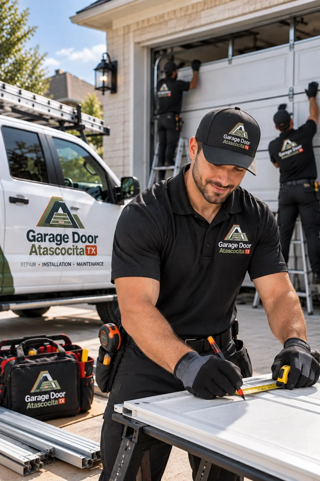 Technician measuring a garage door panel