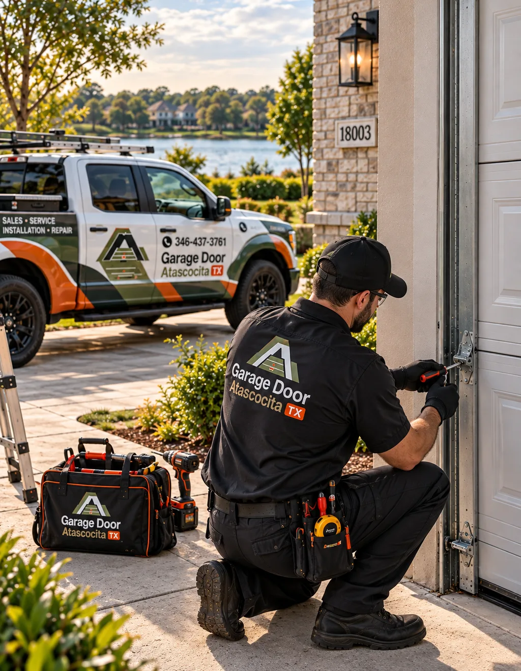Technician servicing lower garage door hardware
