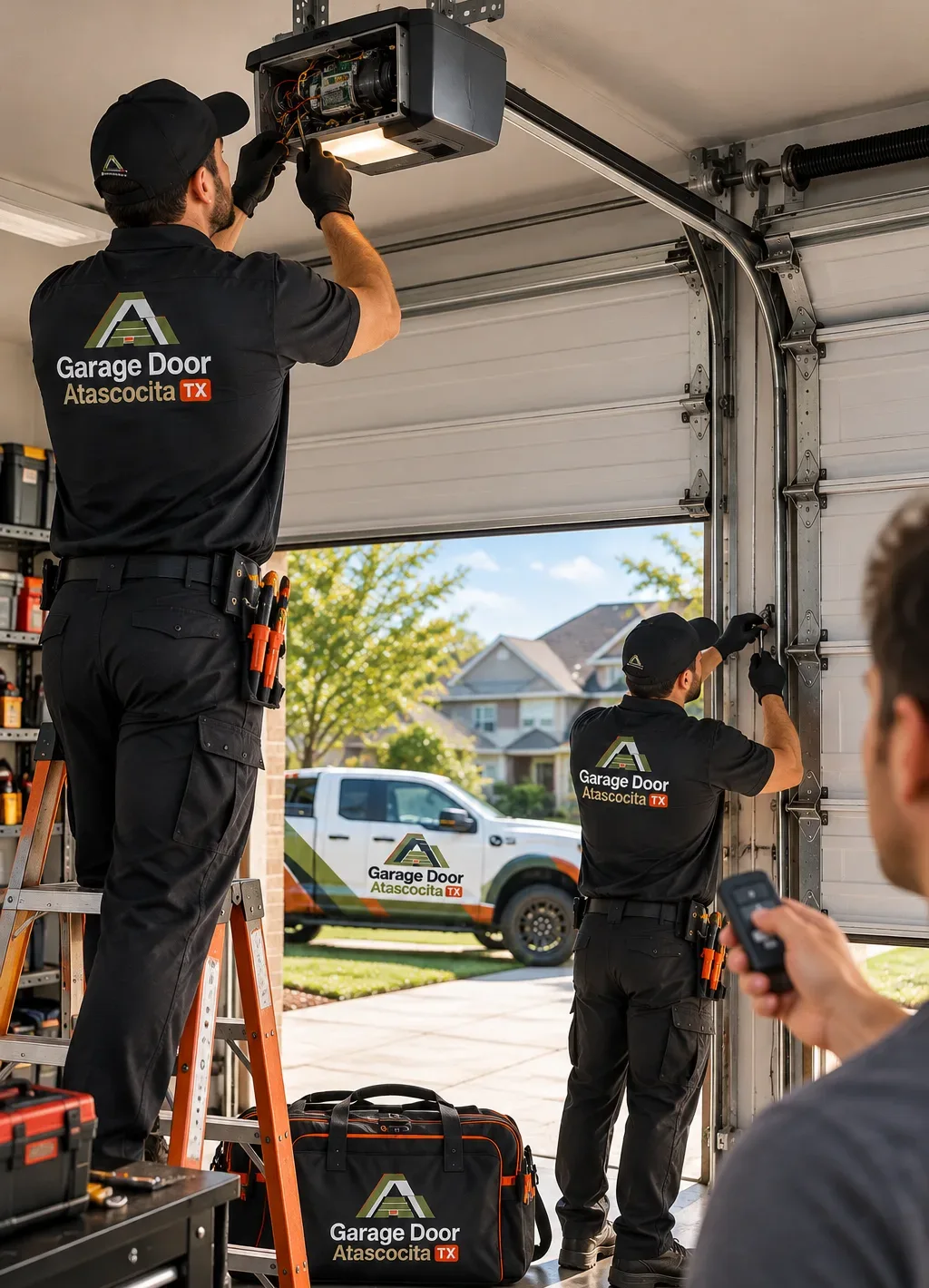 Technicians inspecting a ceiling-mounted garage door opener