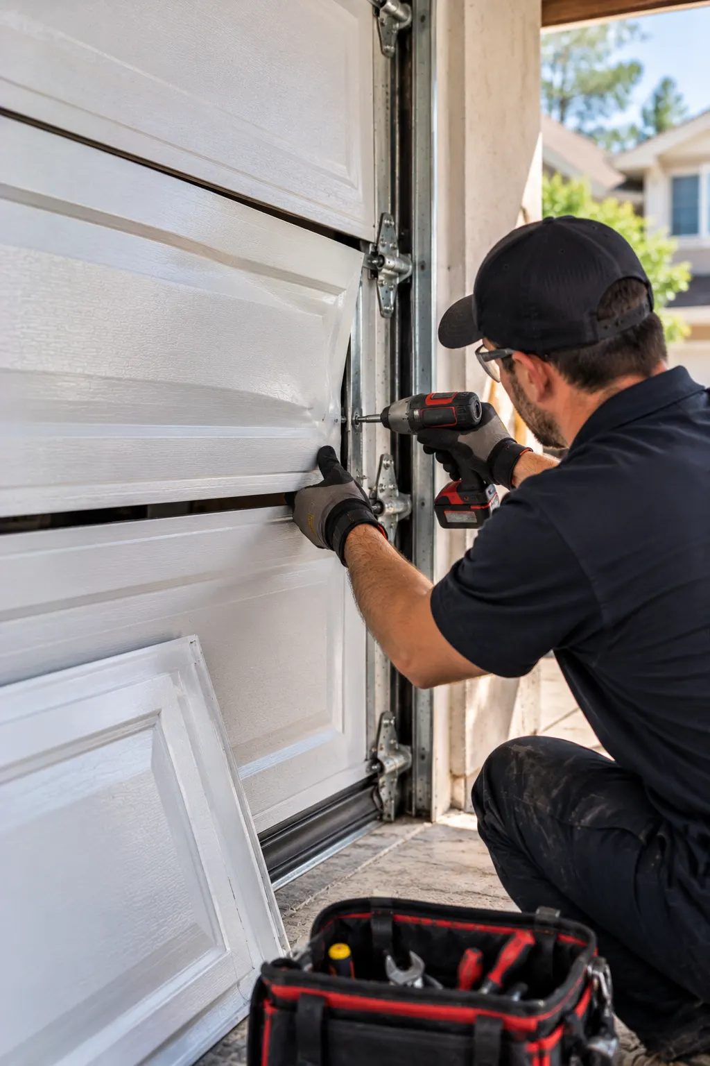 Technician adjusting a garage door panel hinge