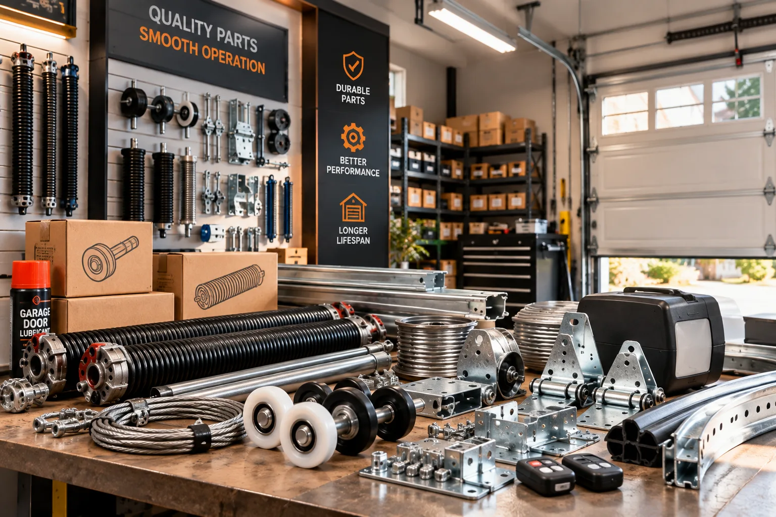 Garage door springs, rollers and hardware on a workbench