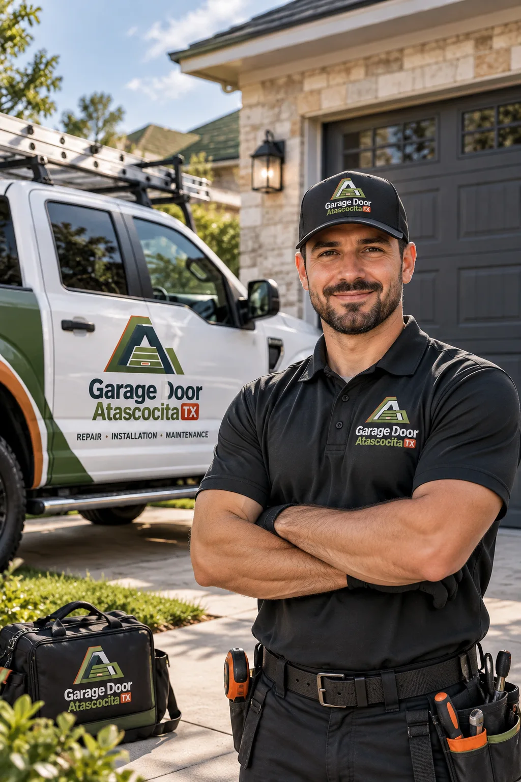 Garage door technician beside a service truck