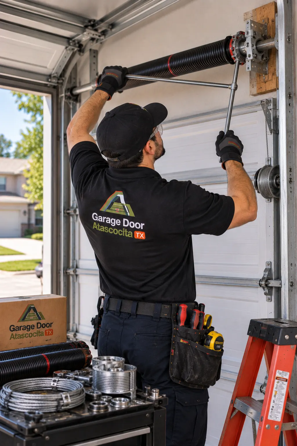 Technician inspecting an overhead torsion spring
