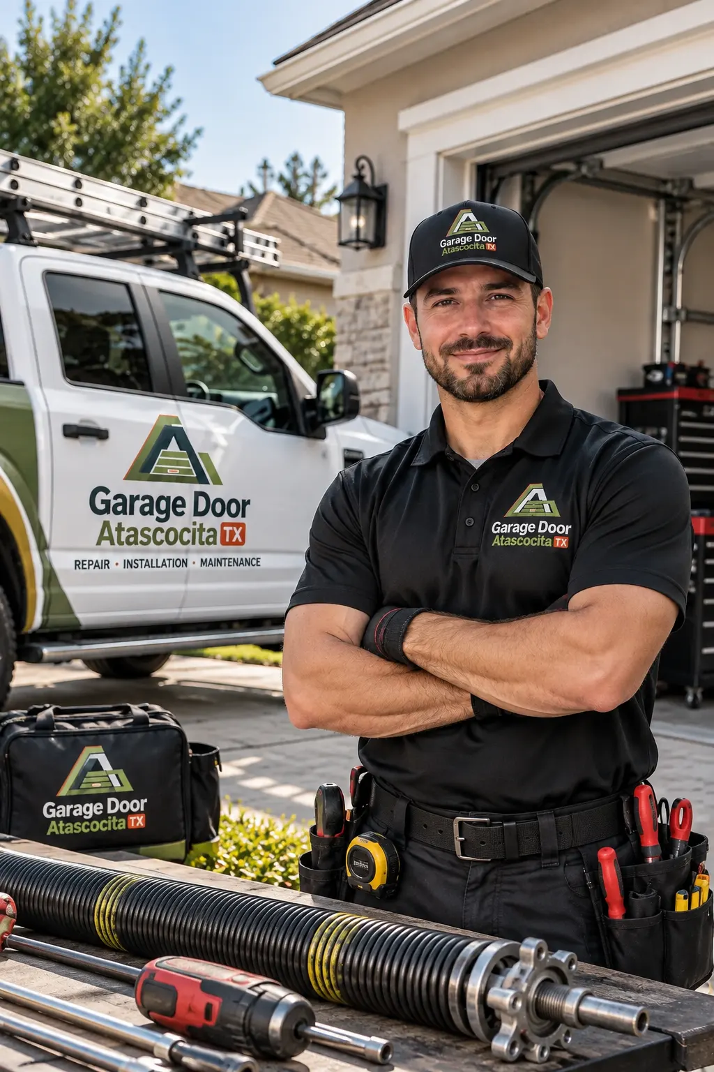 Technician beside garage door springs and tools