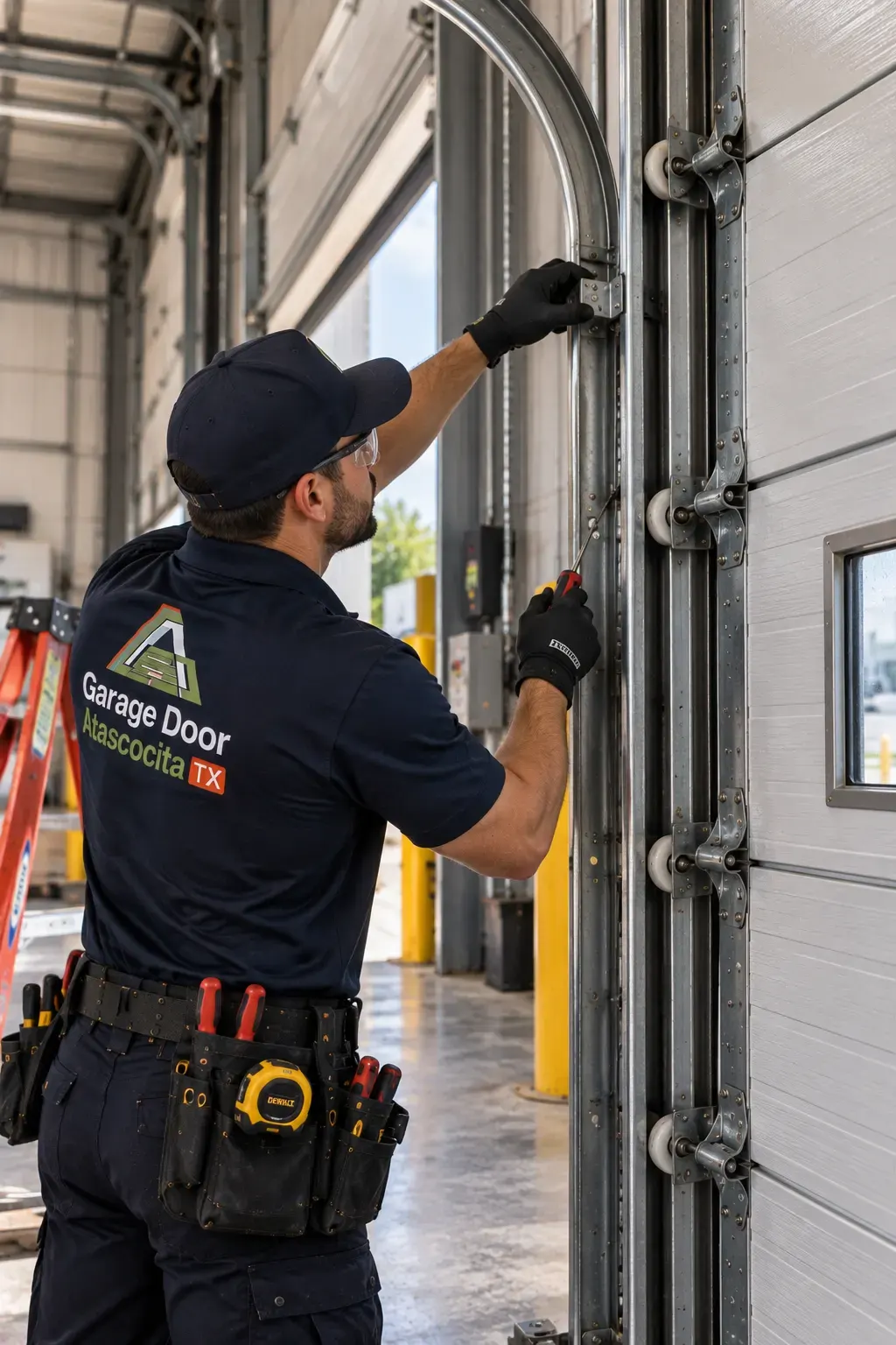 Technician checking garage door tracks and rollers