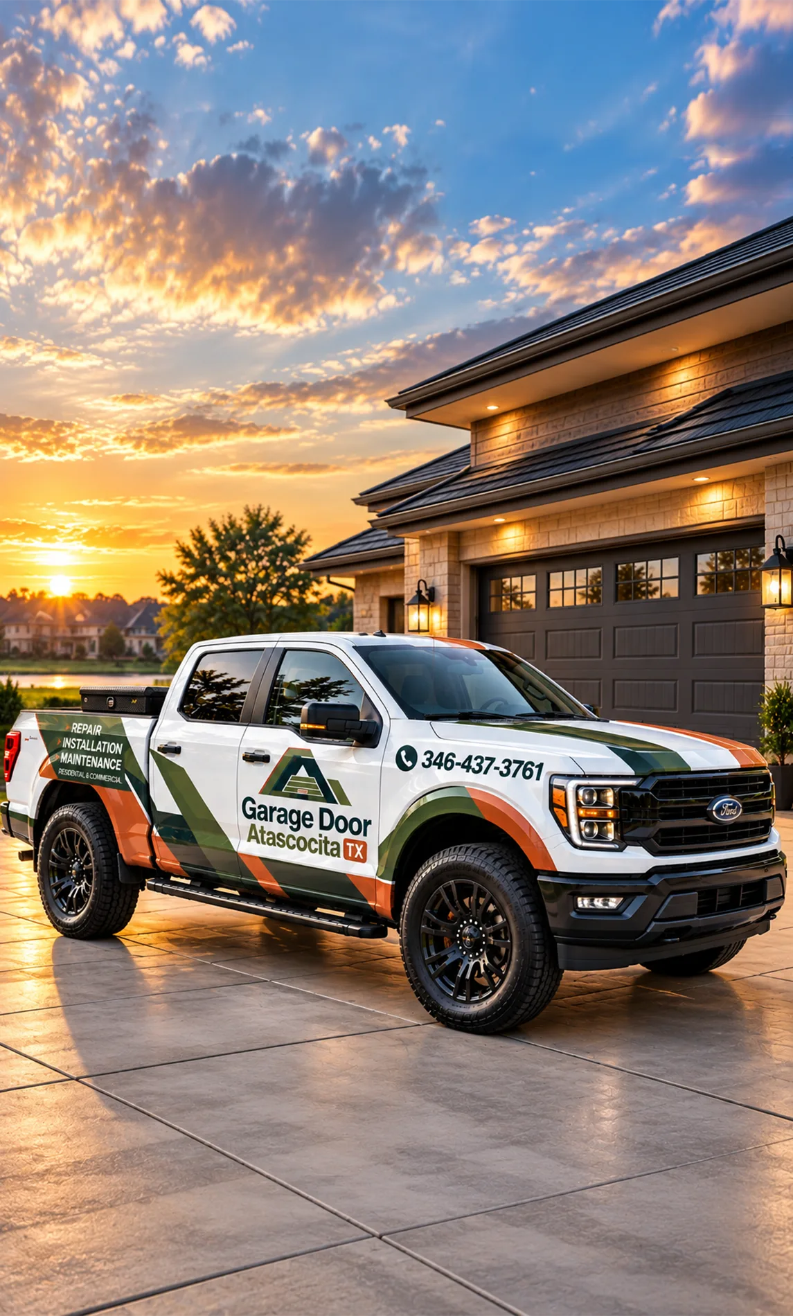 Garage door service truck outside a home