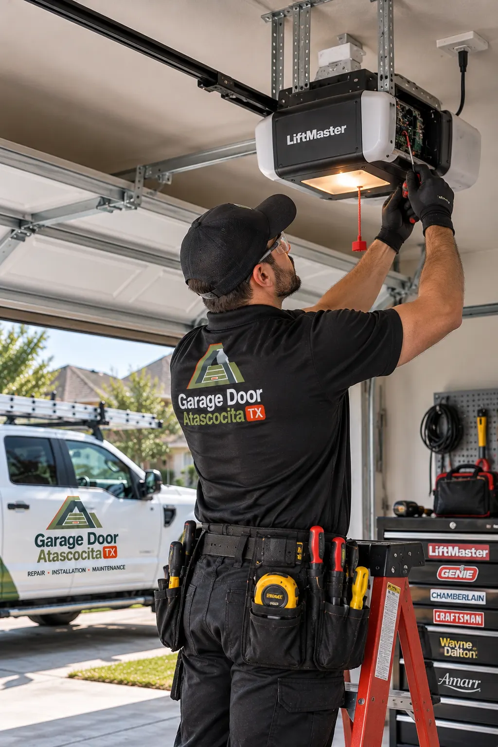 Technician servicing a ceiling-mounted garage door opener