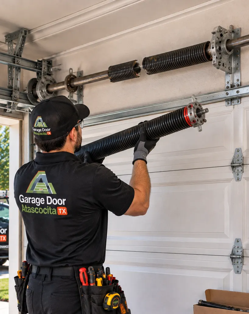 Technician replacing an overhead garage door spring