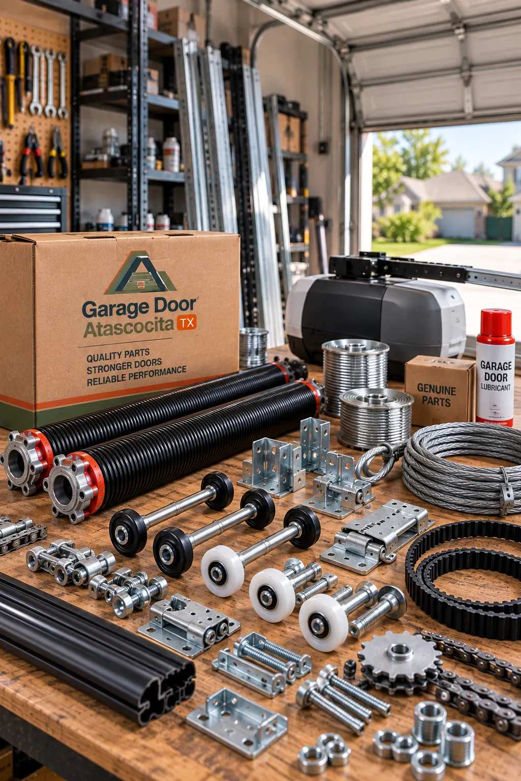 Garage door replacement hardware on a workbench
