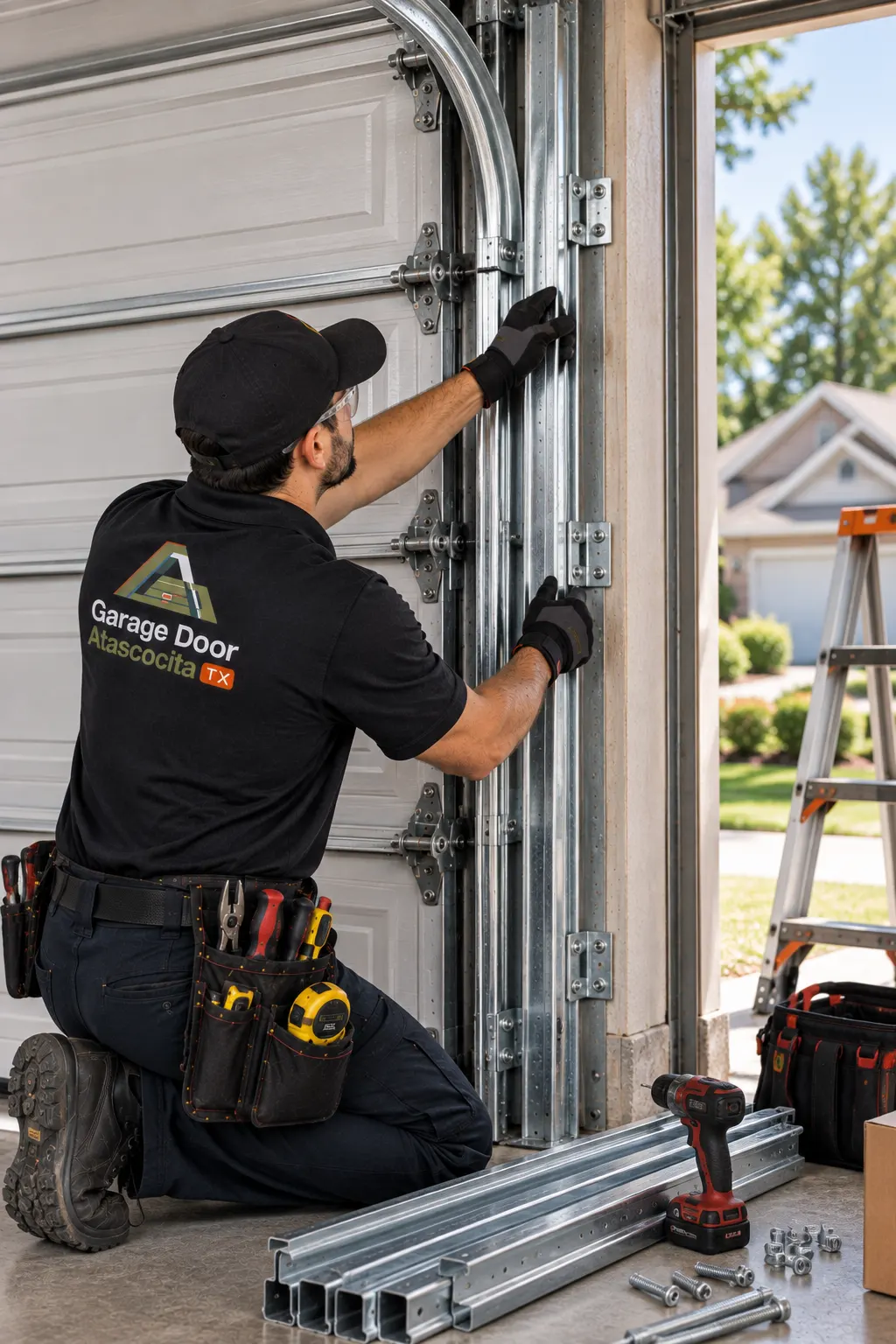 Technician fitting a garage door track