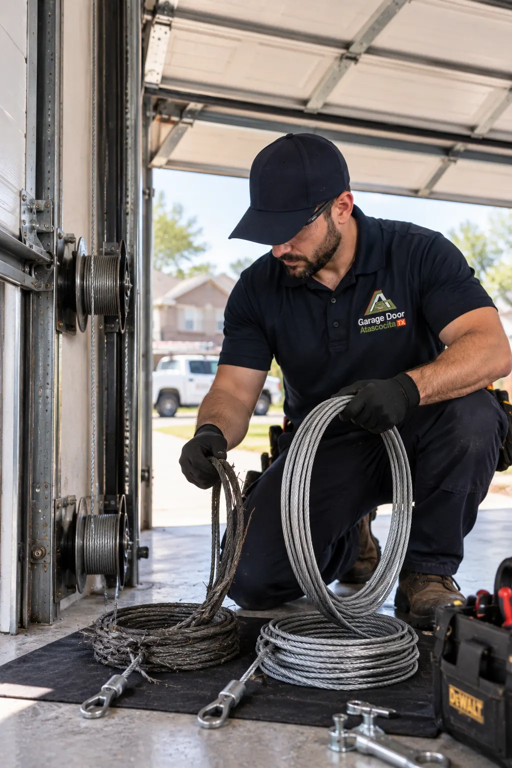 Technician preparing replacement garage door cables