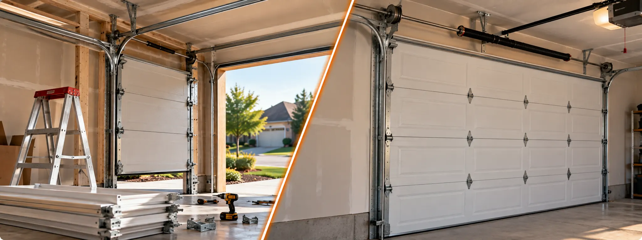 Garage opening before and after a sectional door installation