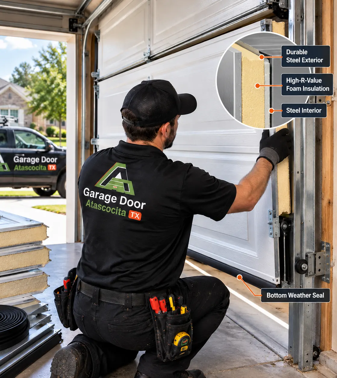 Technician fitting an insulated garage door panel