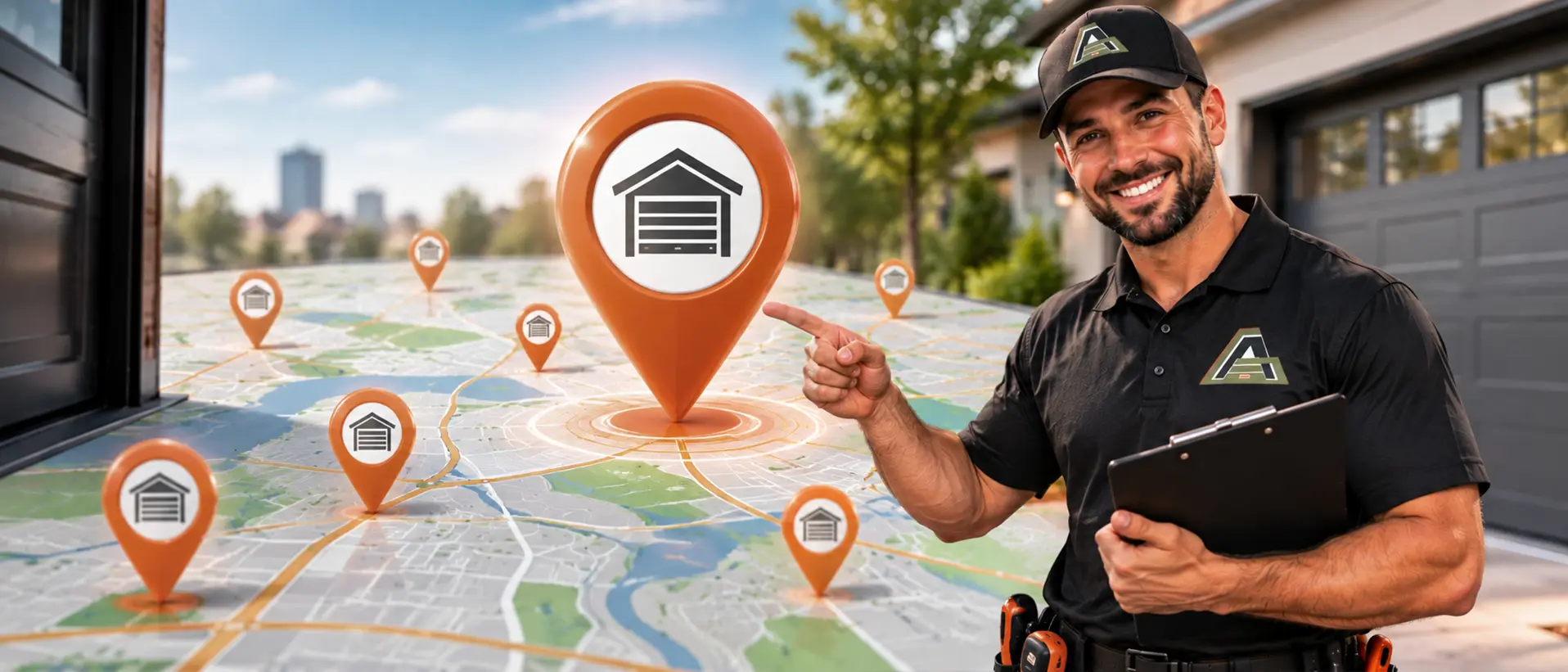 Technician beside a service area map
