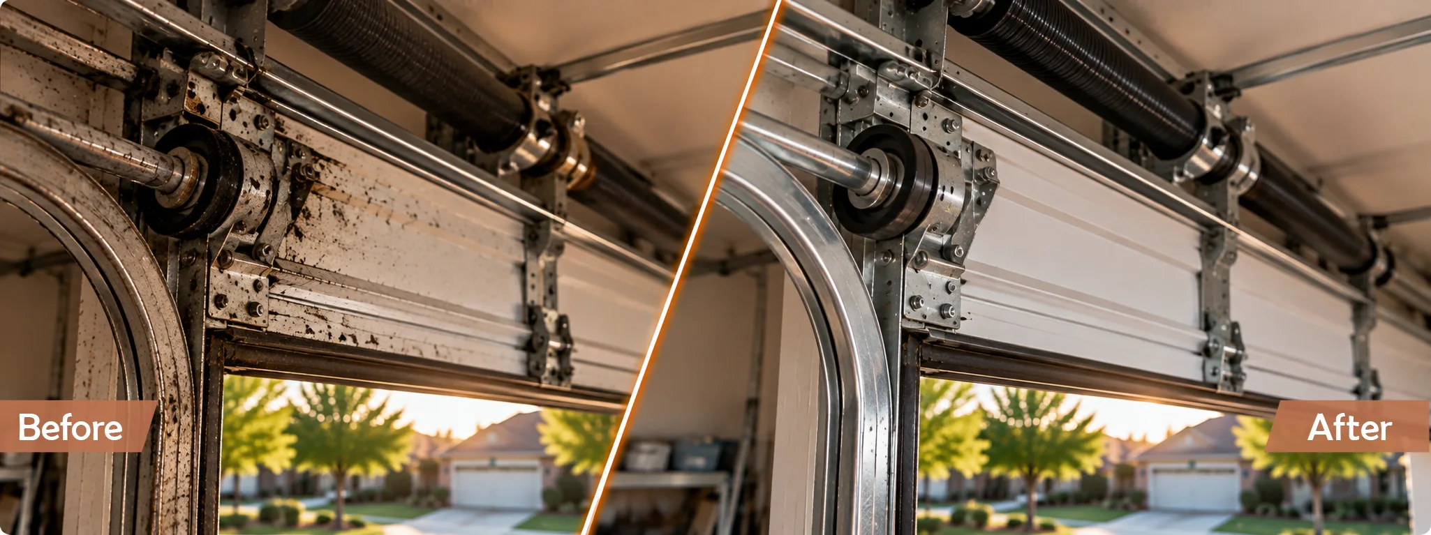 Garage door hardware before and after maintenance