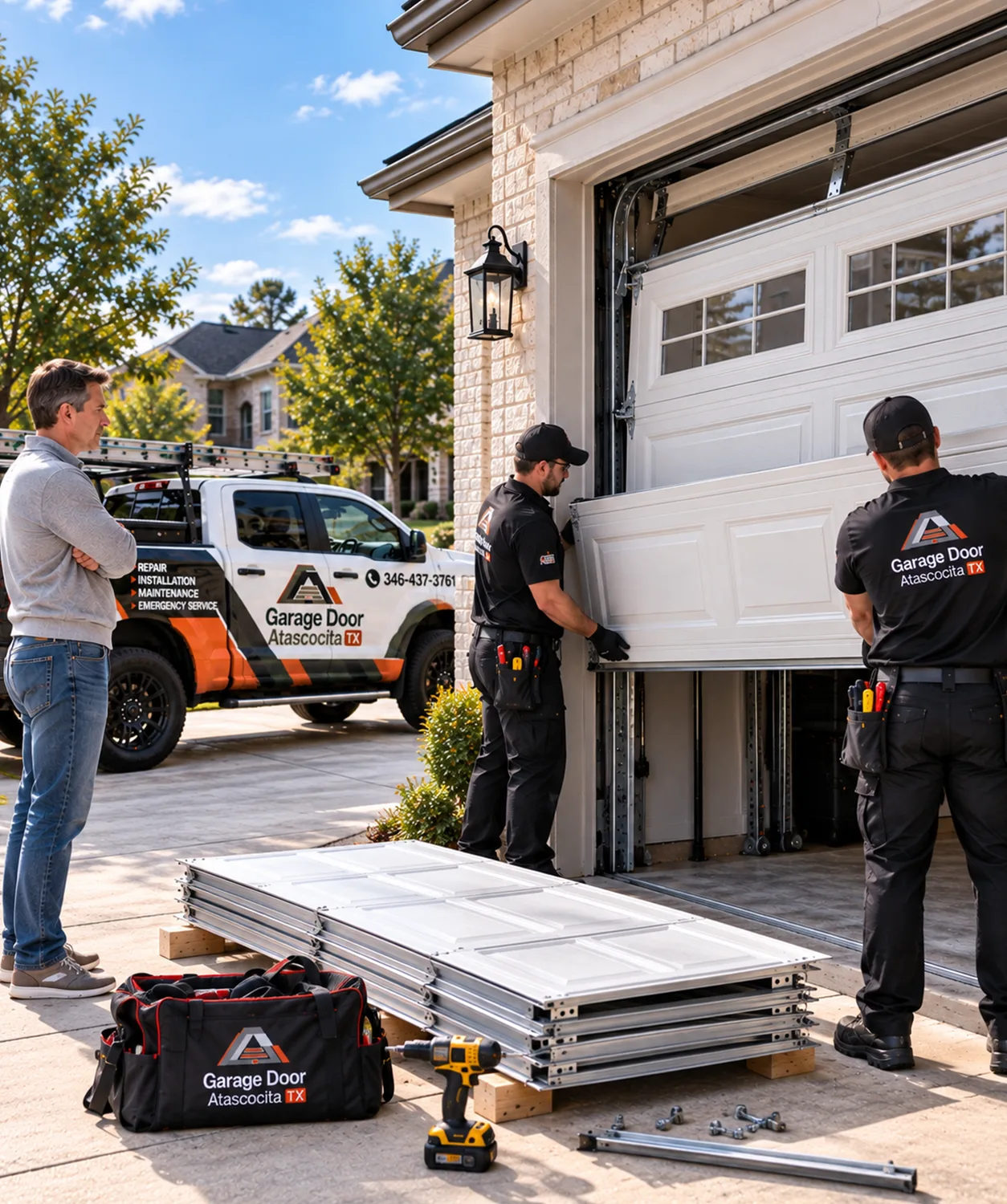Technicians fitting replacement garage door panels