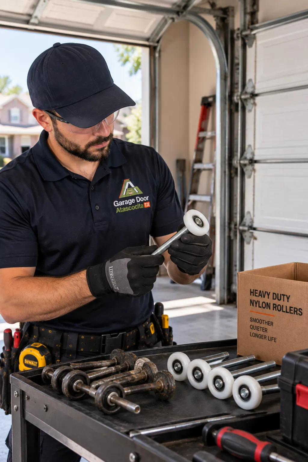 Technician comparing garage door rollers