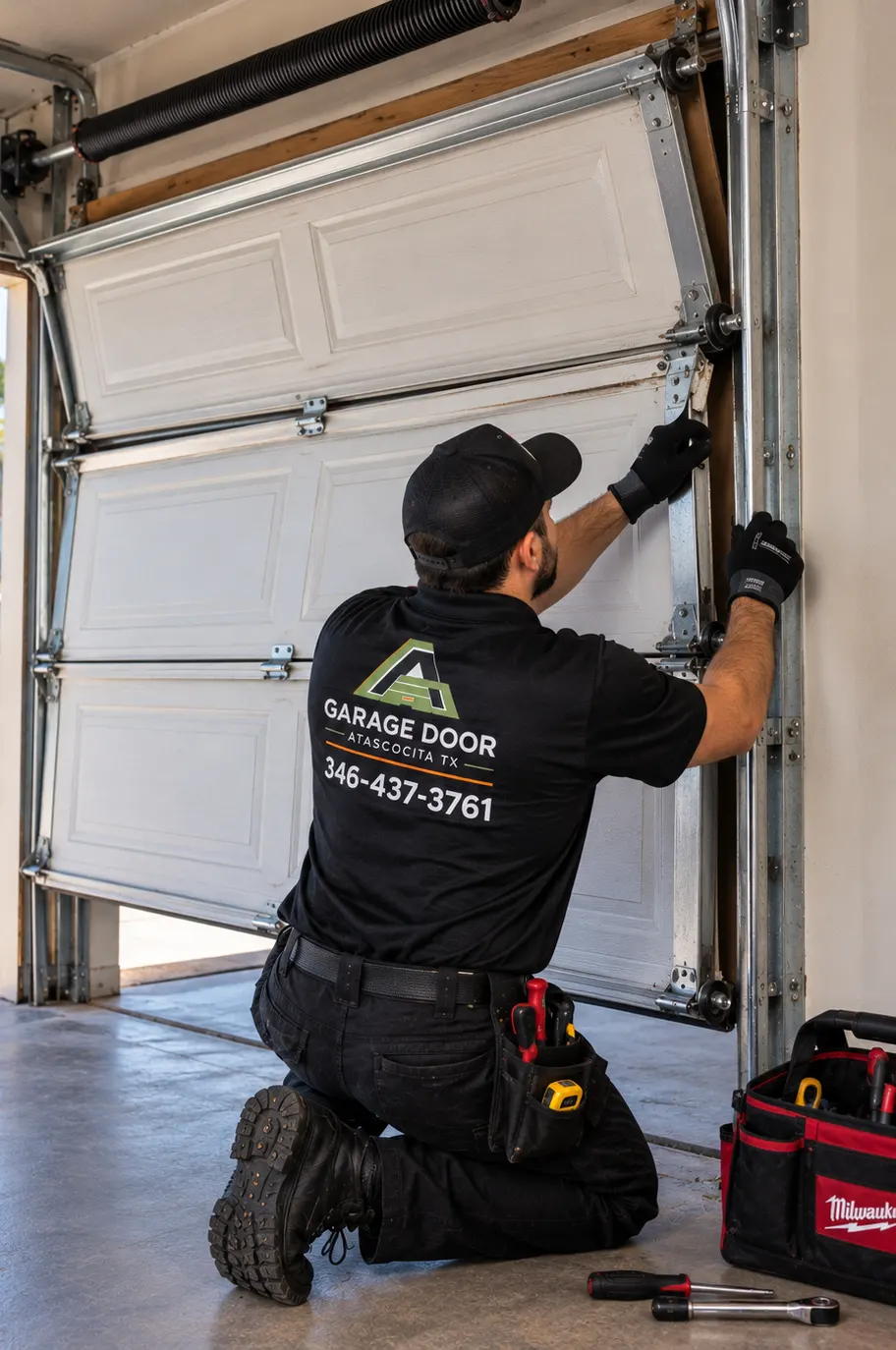Technician realigning a garage door track and roller