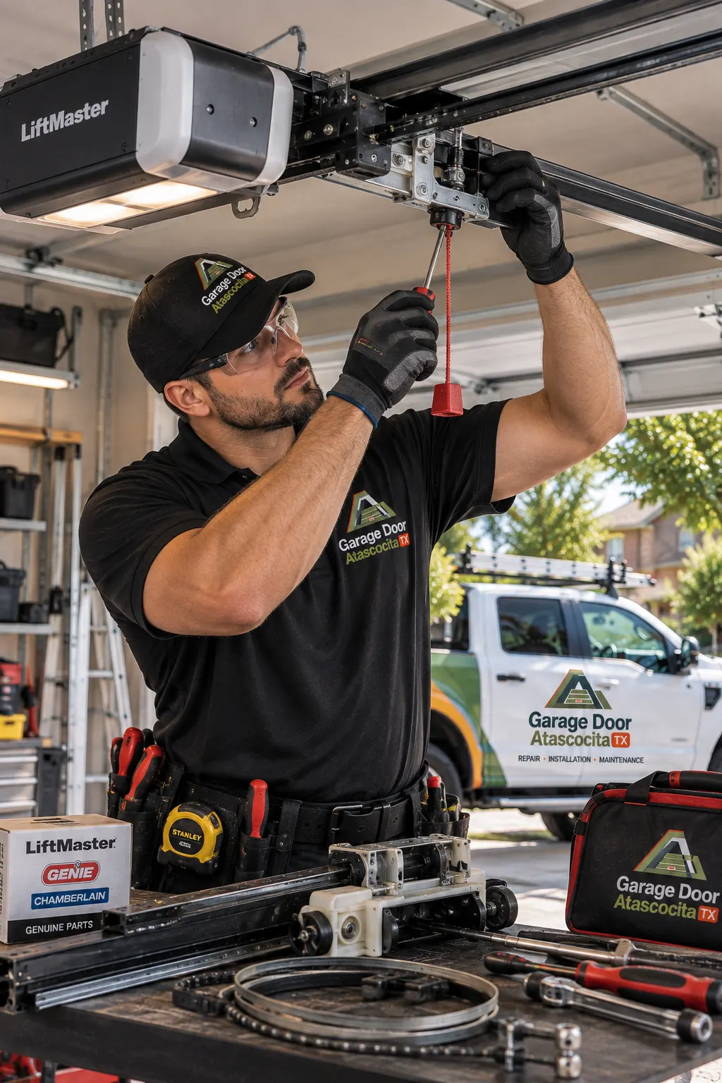 Technician adjusting the garage door opener trolley