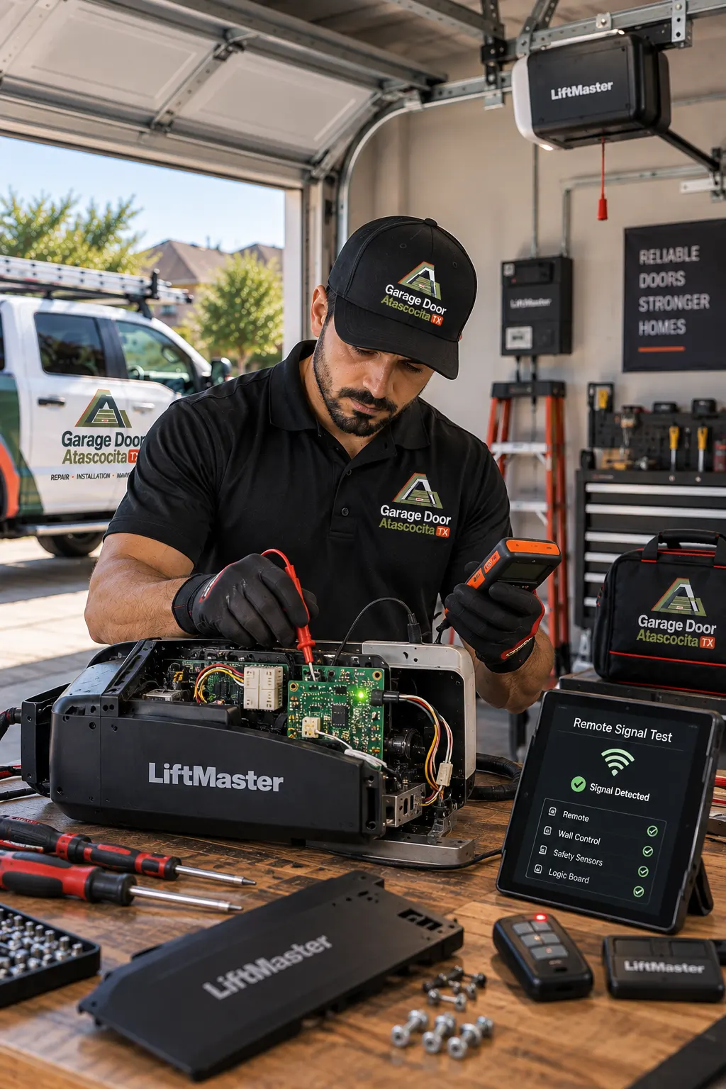 Technician testing a garage door opener circuit board