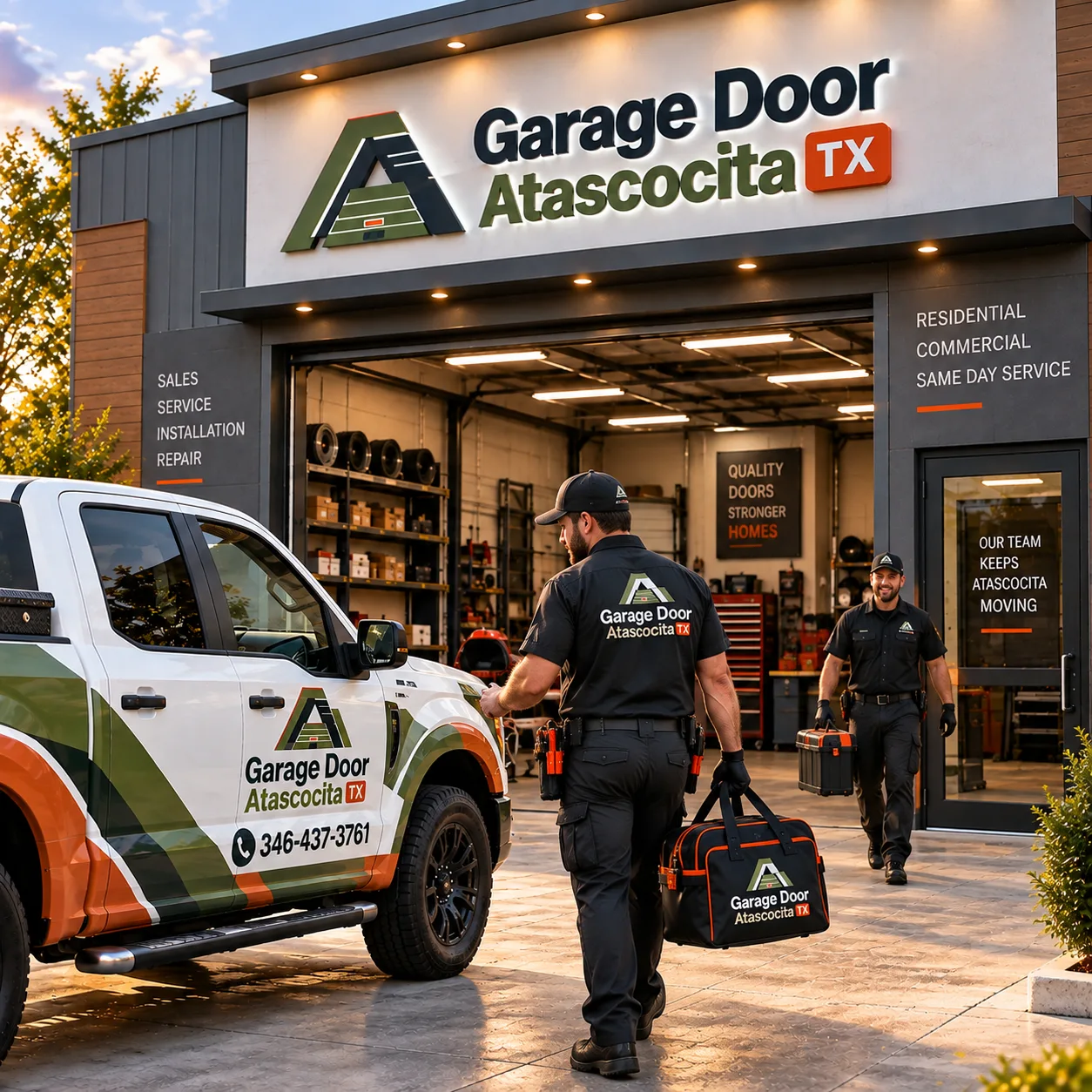 Garage door service team outside the workshop