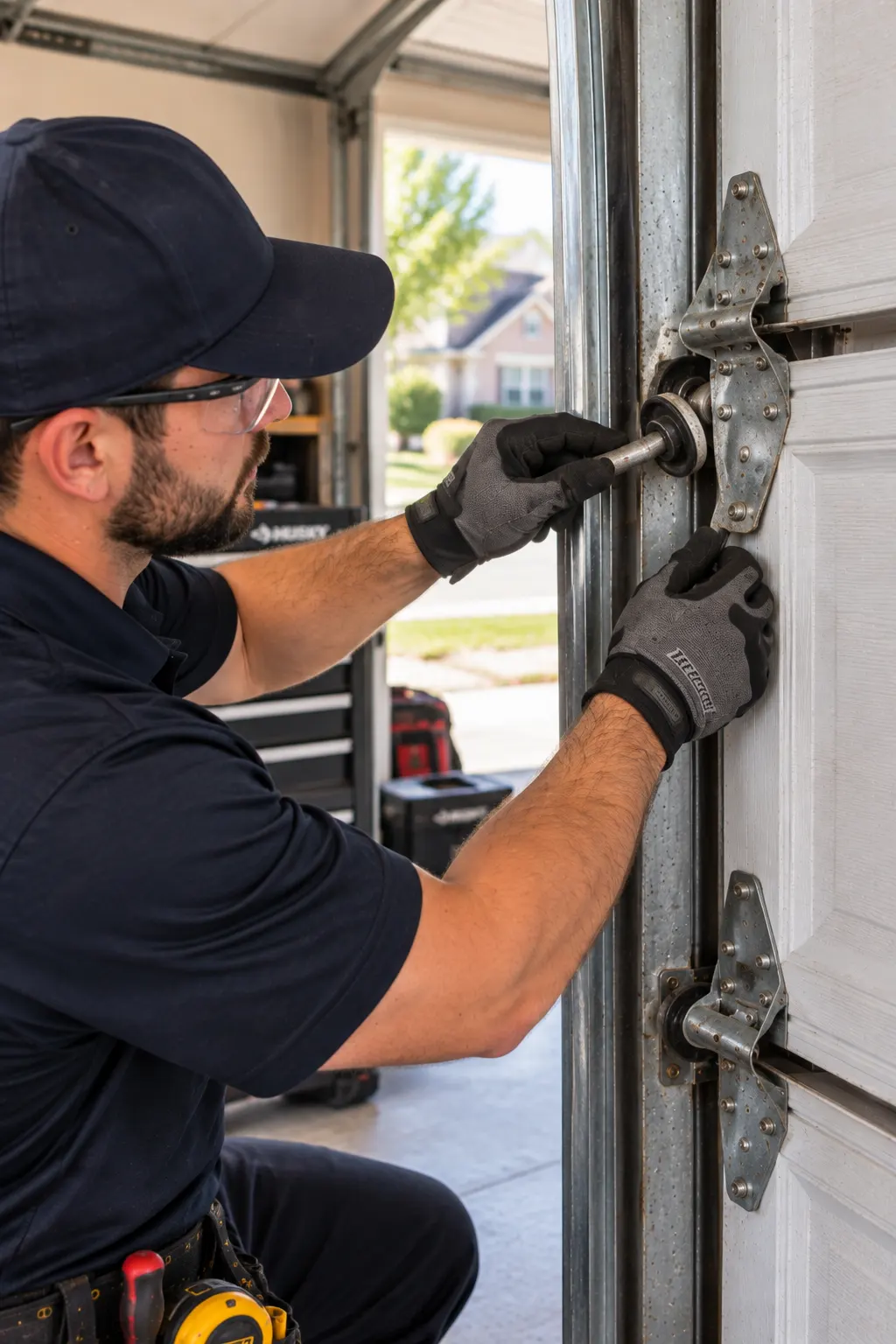 Technician reseating a garage door roller