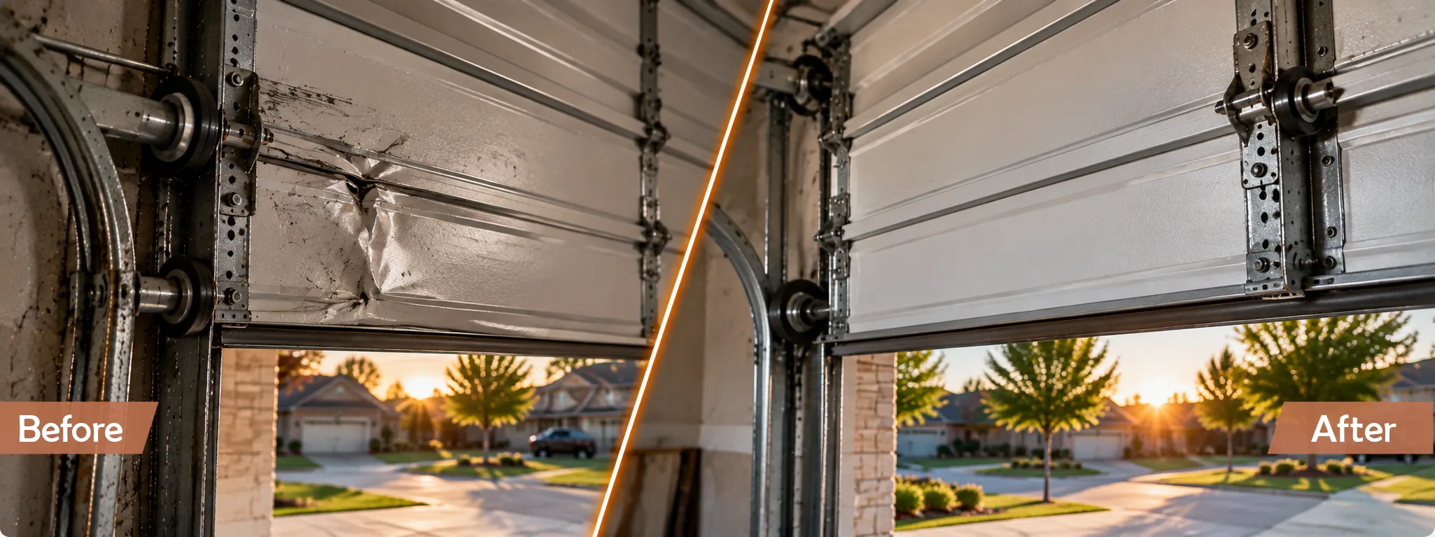 Garage door hardware before and after repair