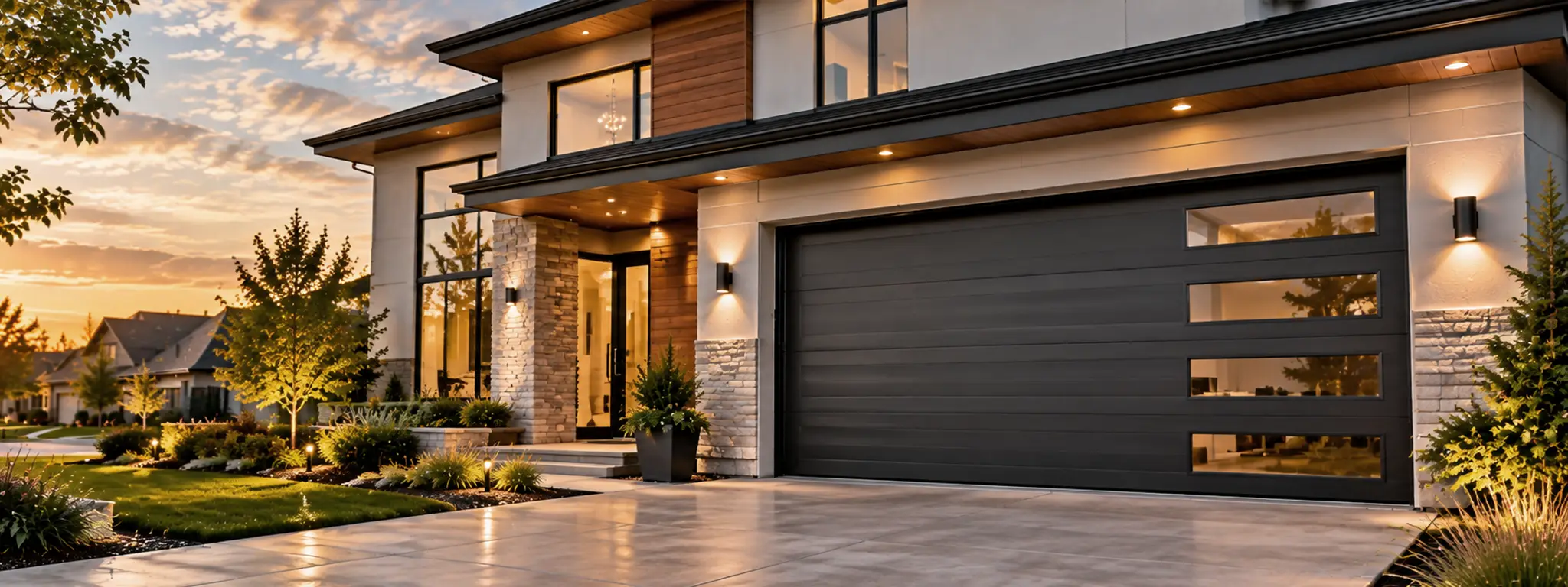Modern home with a gray sectional garage door