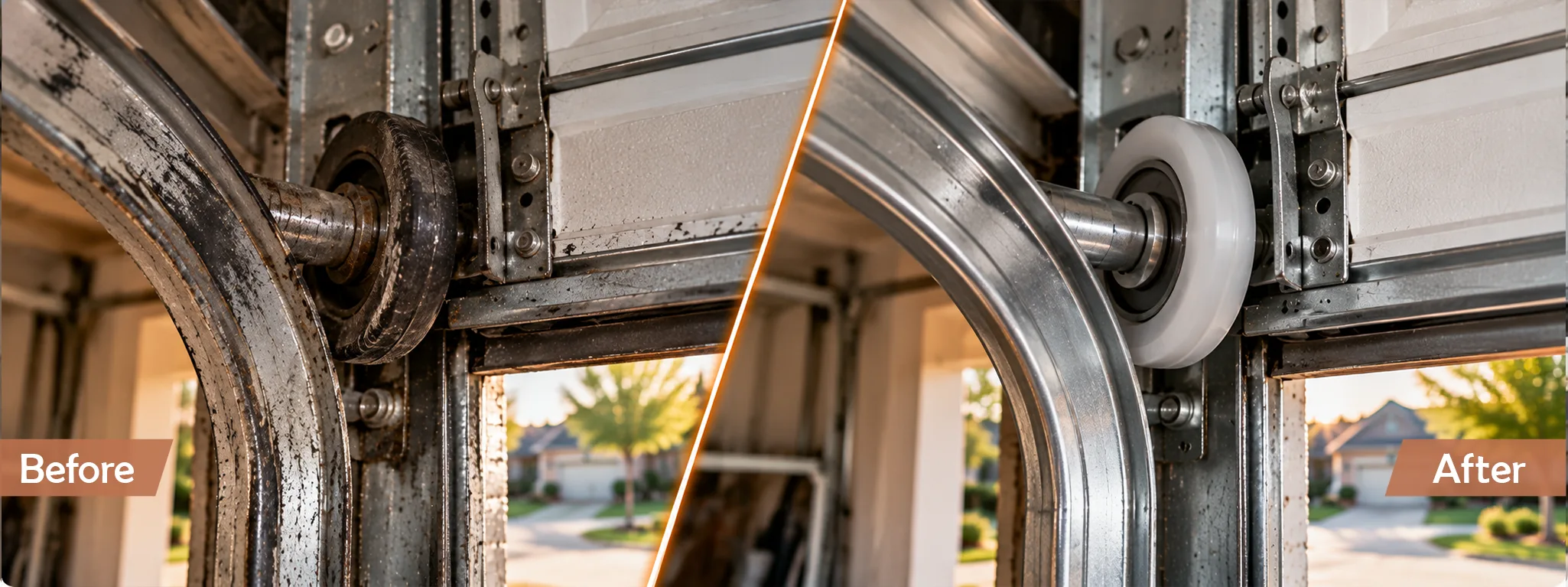 Worn garage door roller before and after replacement