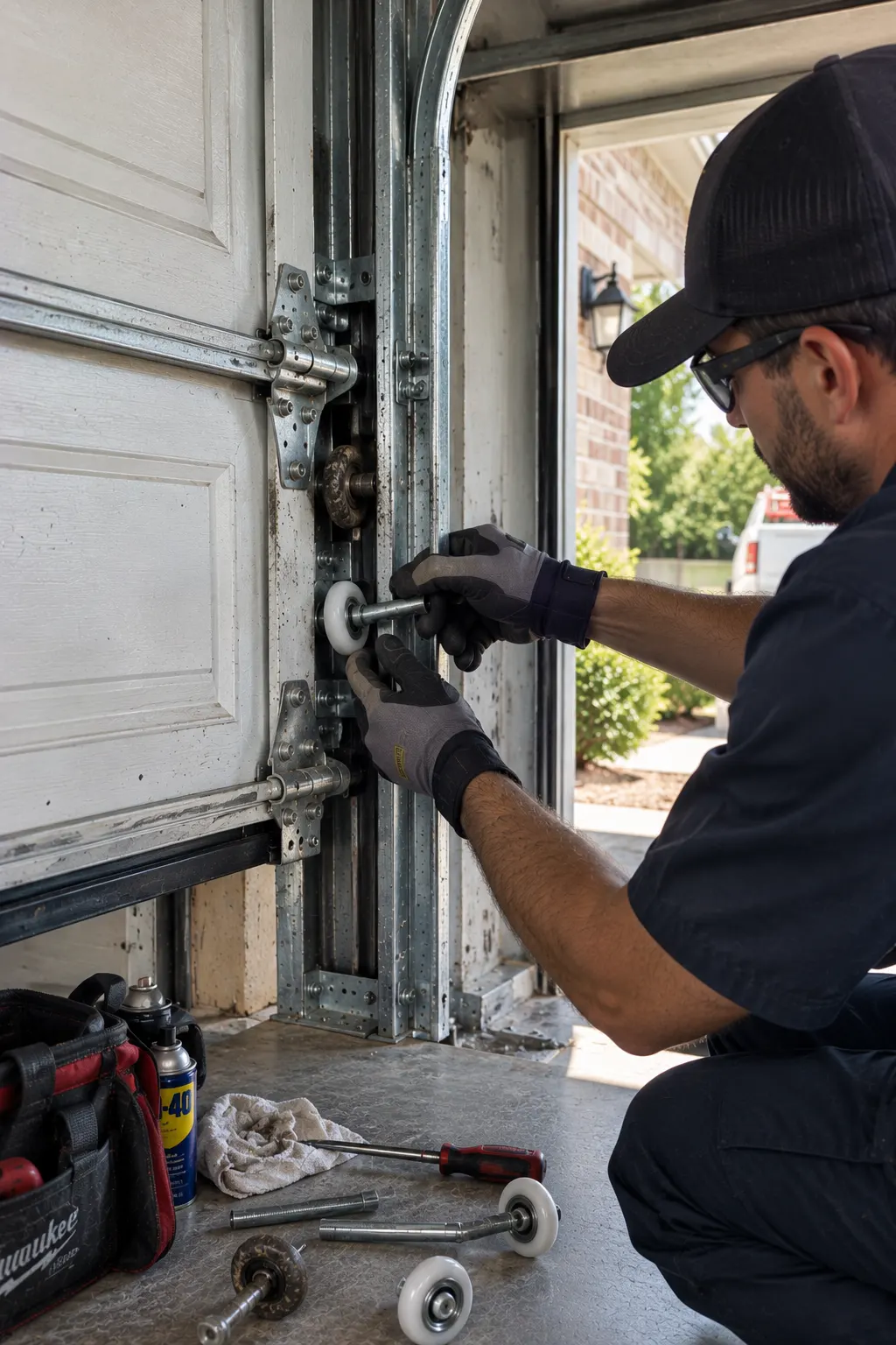 Technician replacing a garage door roller