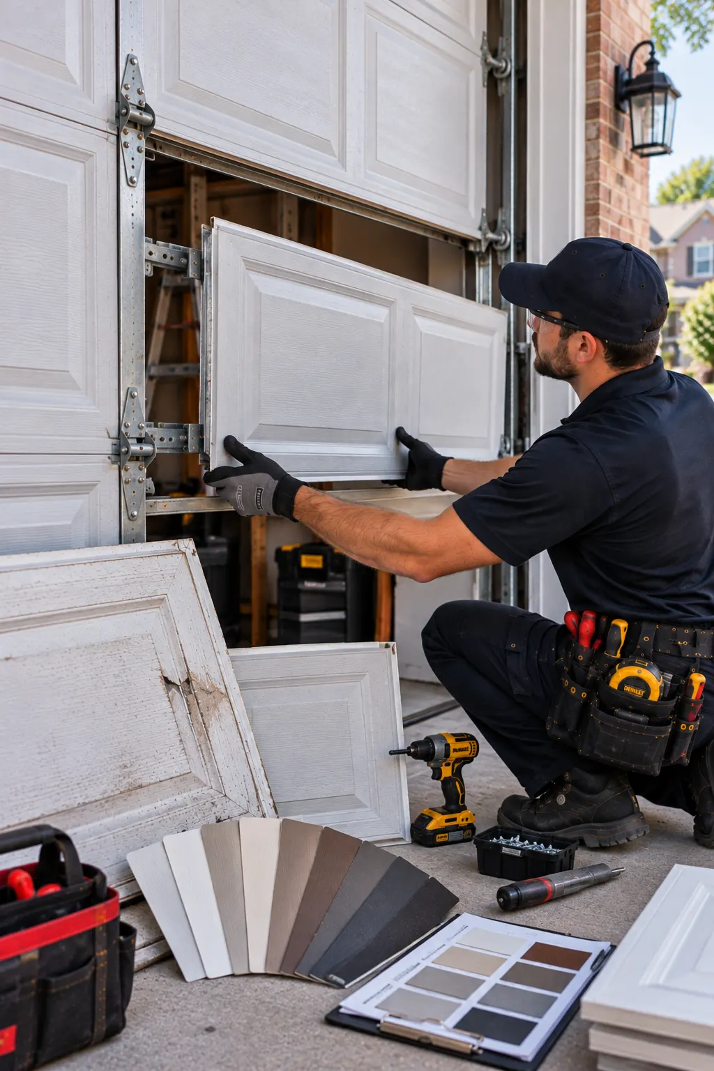 Technician fitting a replacement door section