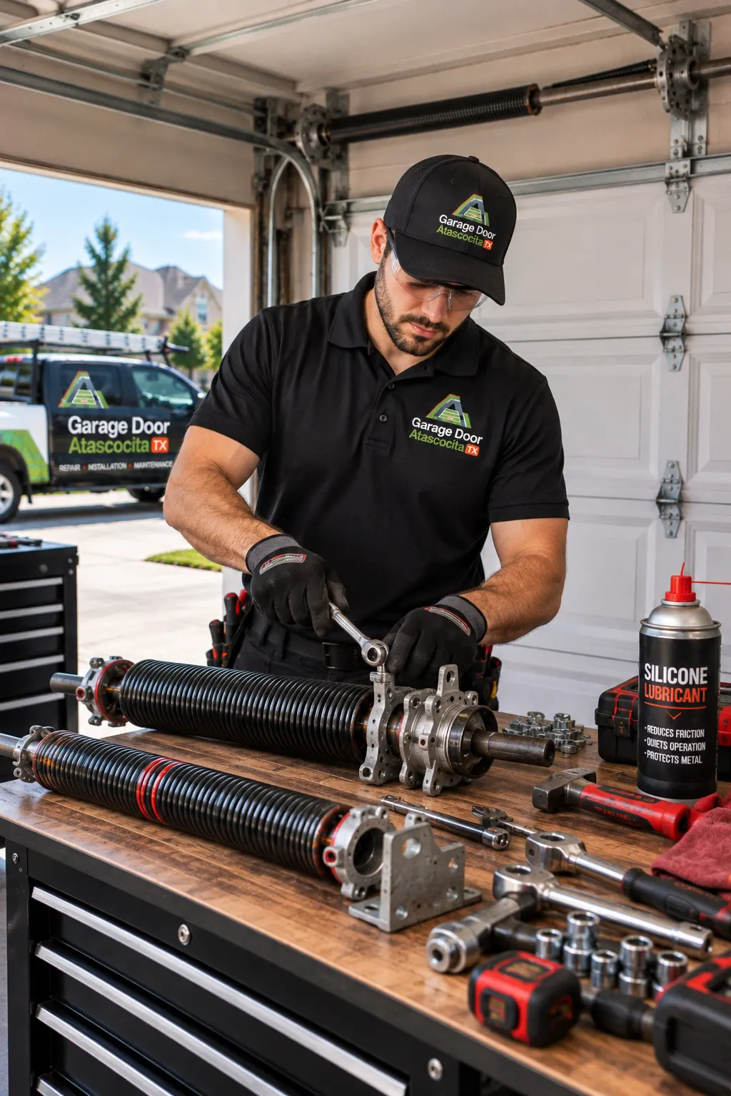 Technician servicing a torsion spring on a workbench