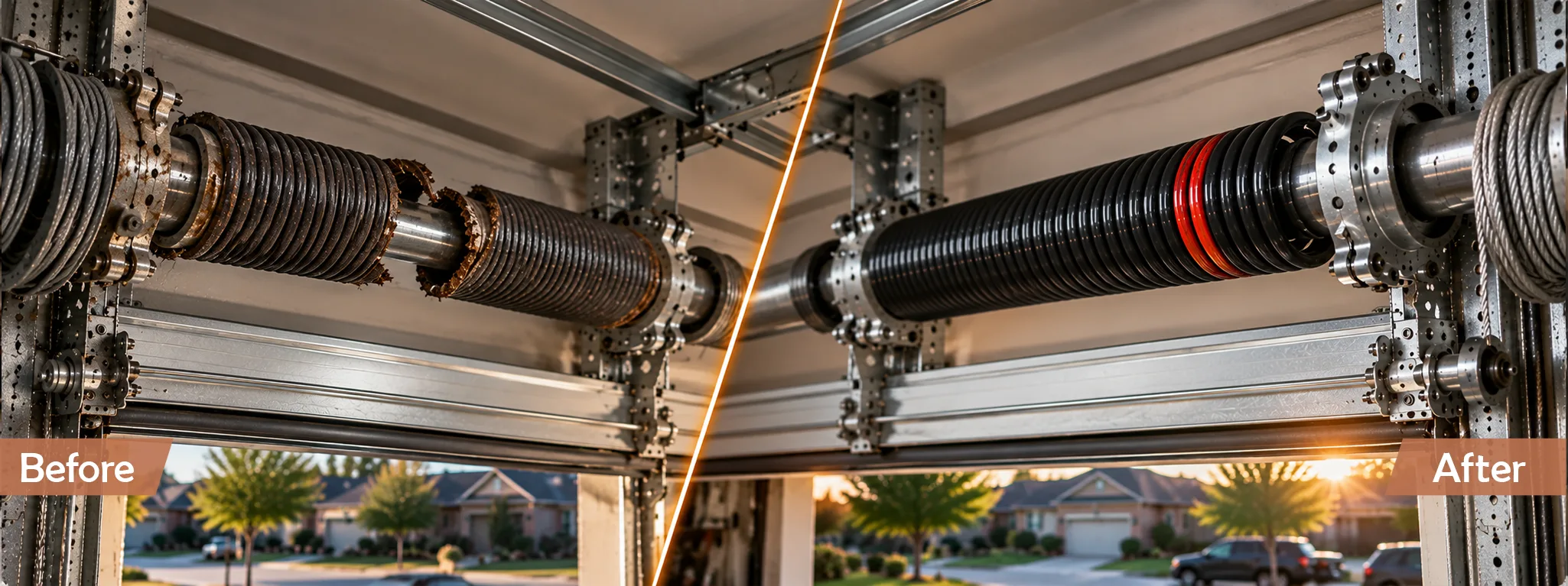 Broken torsion spring before and after replacement