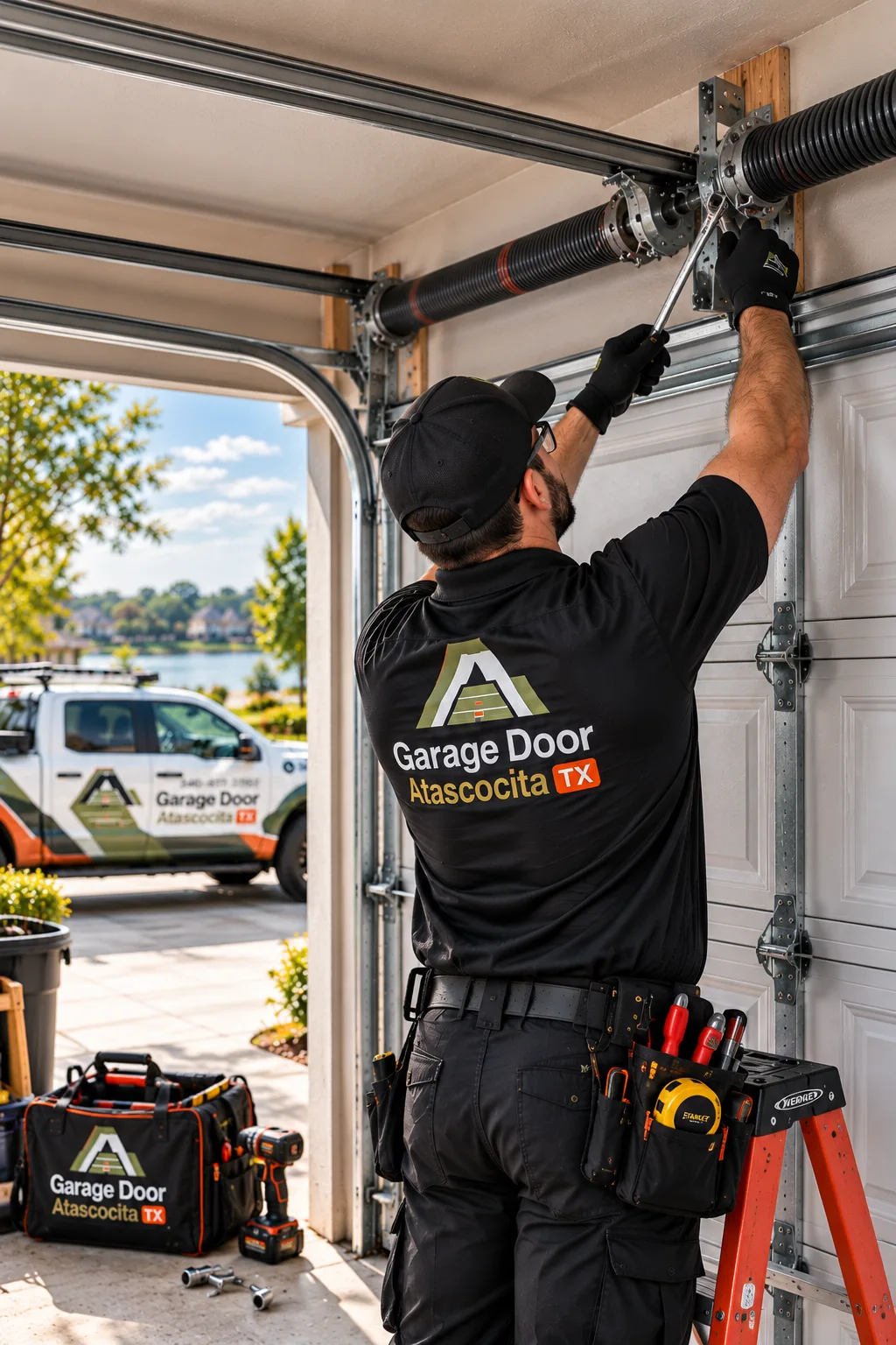 Technician adjusting an overhead torsion spring